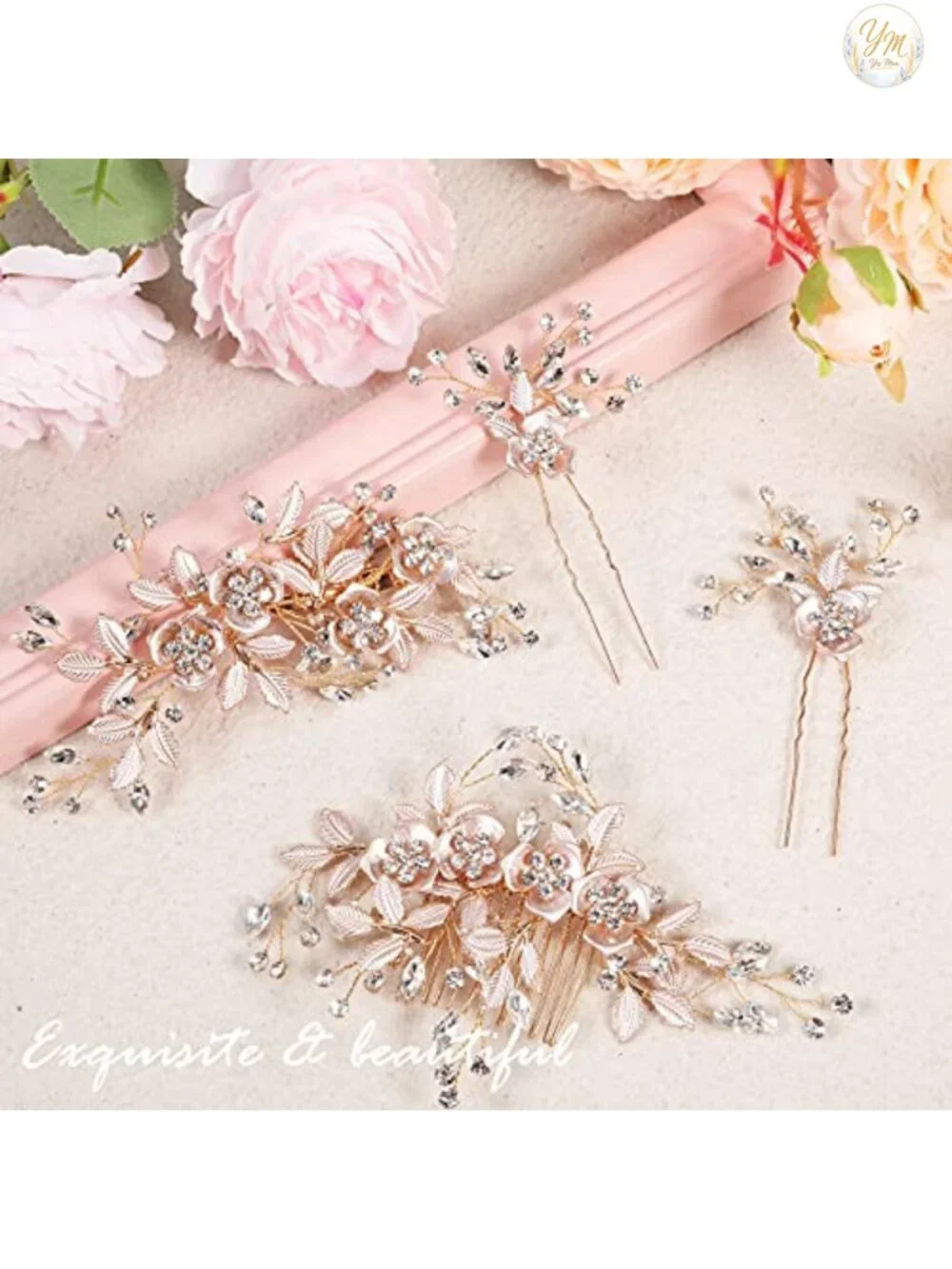 4PC Bridal Rose Gold Hair Accessories Rhinestone Flower Barrette Wedding Hair